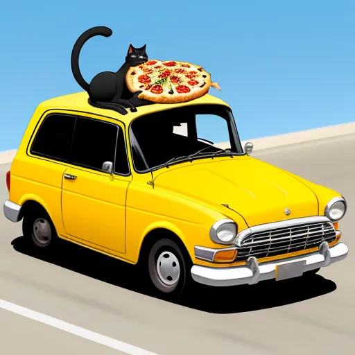 image to 4k - a yellow car with a pizza on top of it's roof and a black cat sitting on top of it, by Hanna-Barbera