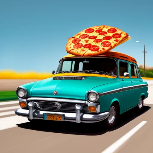 highest resolution image - a car with a pizza on top of it's roof driving down a road with a sky background, by Hanna-Barbera