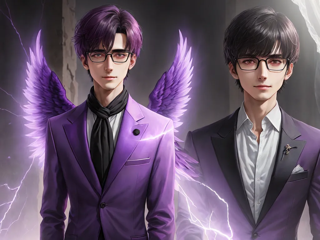 ai generated images from text online - two men in suits with wings on their shoulders and one wearing glasses and a tie with a black shirt, by NHK Animation