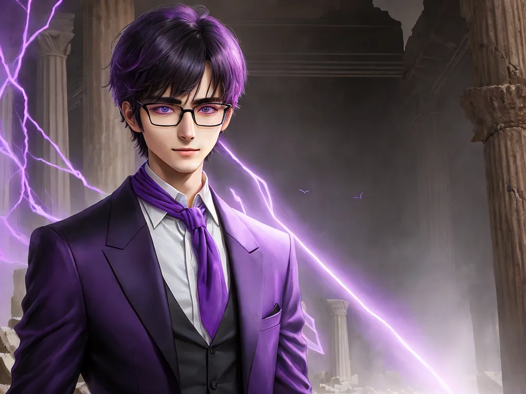 change photo resolution - a man in a suit and tie with lightning in the background of a building with columns and columns, and a purple lightning, by Hirohiko Araki