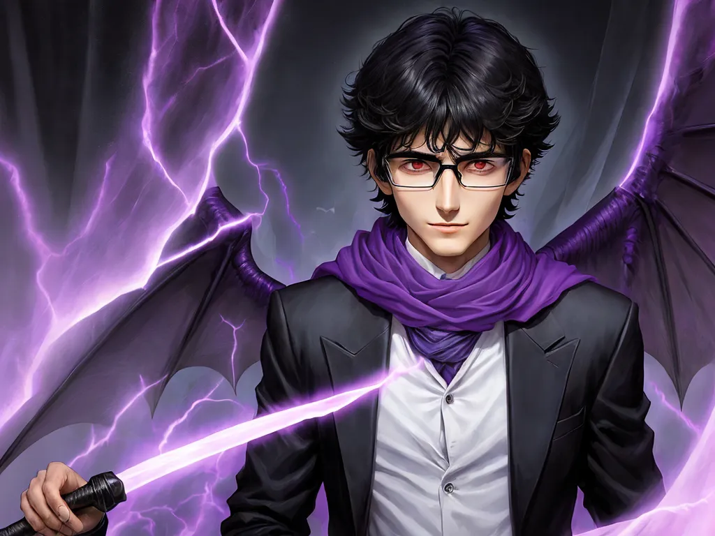 best ai text to image generator - a man with a purple scarf and glasses holding a sword in his hand and lightning behind him, in a dark background, by Hirohiko Araki