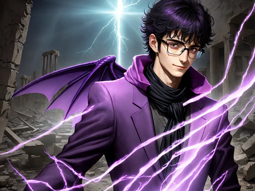 ai image upscaling - a man in a purple jacket and glasses with a lightning bolt in the background of a city with ruins, by Hirohiko Araki