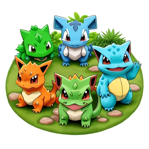 ai image enhancer - a group of pokemons sitting on top of a green field with grass and rocks in the background,, by Ken Sugimori