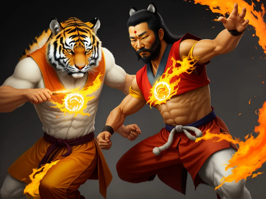 free ai text to image - two men in costumes with fire around them, one of them holding a tiger's tail and the other holding a sword, by theCHAMBA