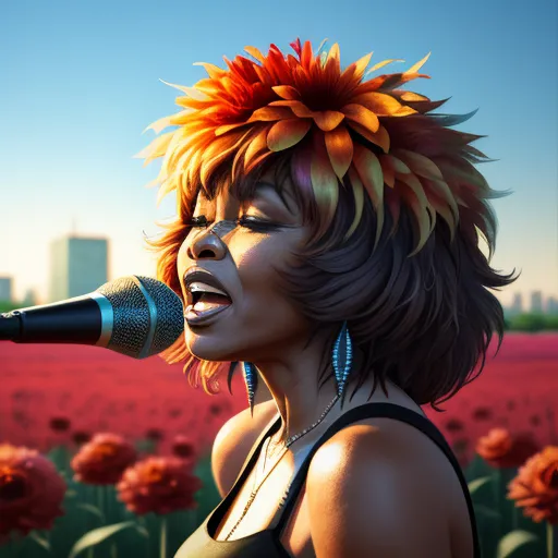 low resolution images - a woman with a flower in her hair singing into a microphone in a field of flowers with a city in the background, by Daniela Uhlig