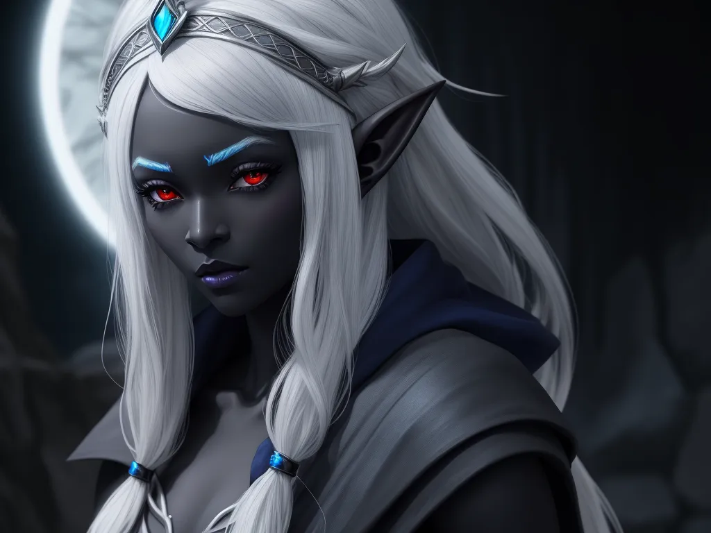 tool wallpaper 4k: 1 solo female drow elf, black skin, full figure,