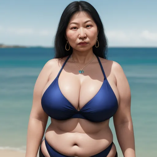 convert photo to 4k online - a woman in a bikini standing on a beach next to the ocean with a big breast and a large gold hoop earrings, by Yayoi Kusama