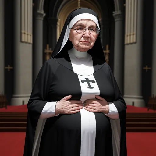 a woman in a nun outfit standing in front of a church alter with her hands on her chest and a cross on her chest, by Francisco Oller