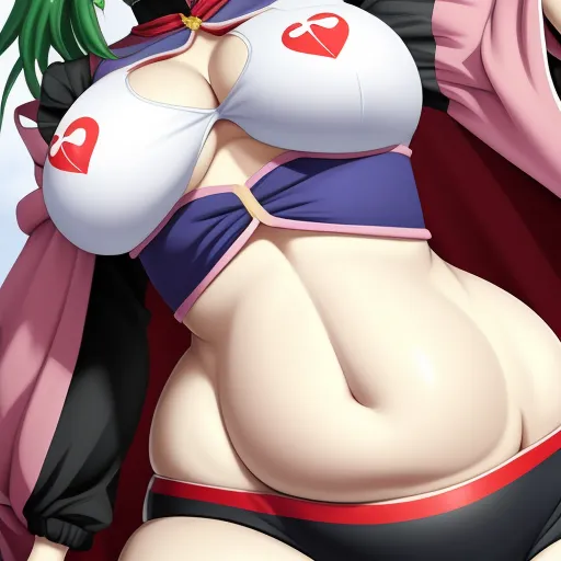 a cartoon character with a big breast and a green hair wearing a bikini and a red scarf around her neck, by Rumiko Takahashi