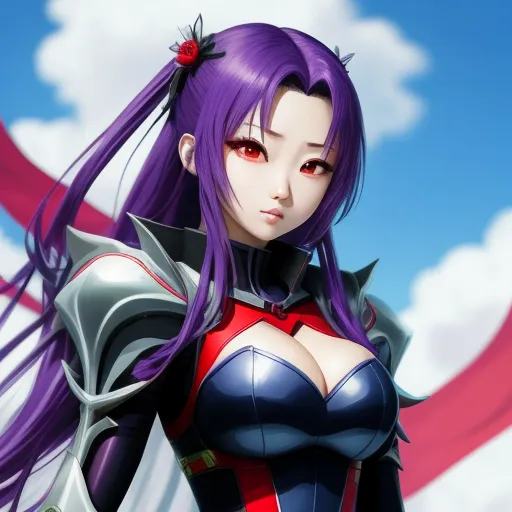 convert photo to 4k quality - a woman with purple hair and a red and white flag in the background, wearing a purple outfit and a red and white flag, by Hiromu Arakawa