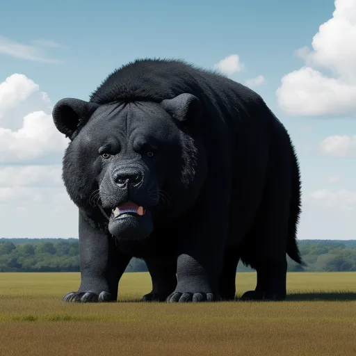 make image hd free - a large black bear standing in a field of grass and dirt with a sky background and clouds in the background, by Pixar Concept Artists