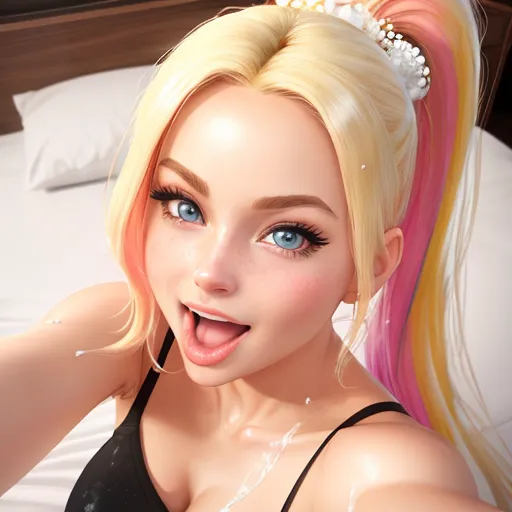 convert to 4k photo - a woman with blonde hair and a black top on a bed with a pink and yellow hairdo and a black bra, by Sailor Moon