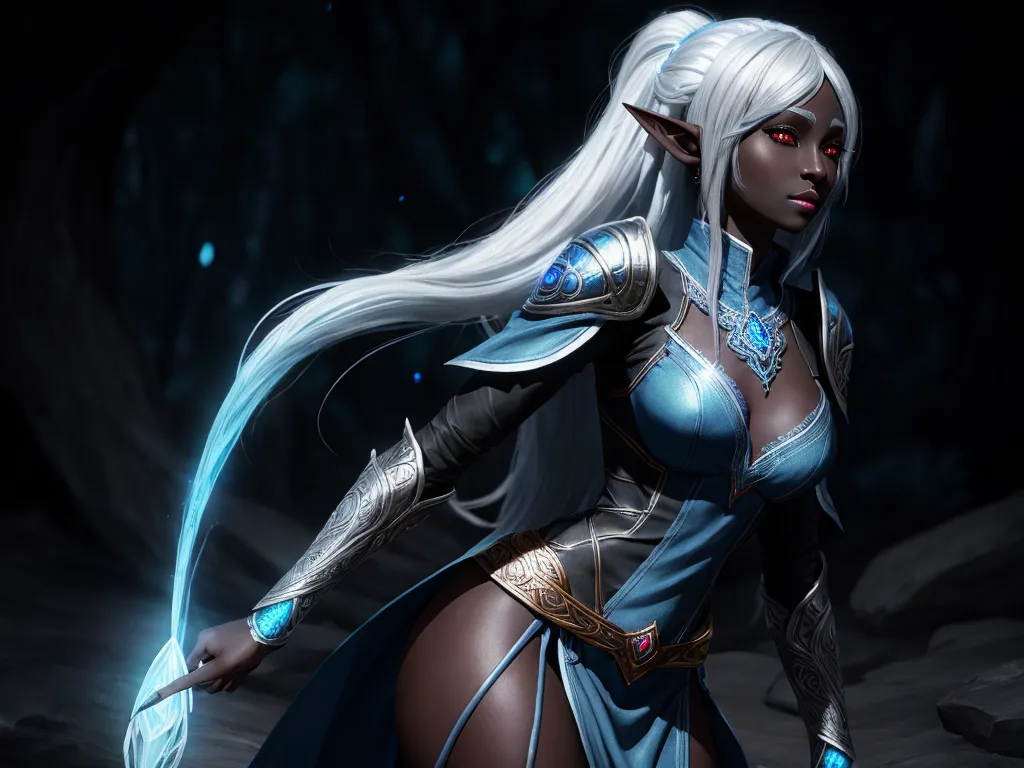 tool wallpaper 4k: cute female drow elf, black skin, full figure,