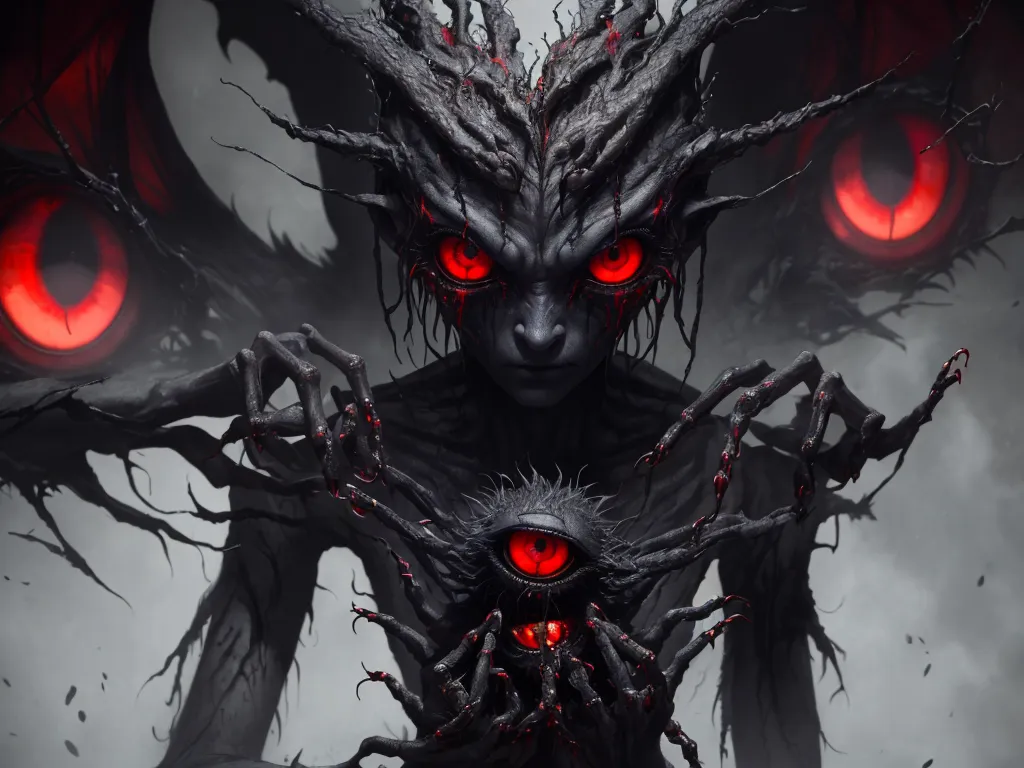 free ai photo - a demonic creature with red eyes and a demon like head with red eyes and hands on his chest, with a creepy look on his face, by Anton Semenov