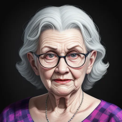 a portrait of an elderly woman wearing glasses and a necklace with a black background, with a black background, by Lois van Baarle