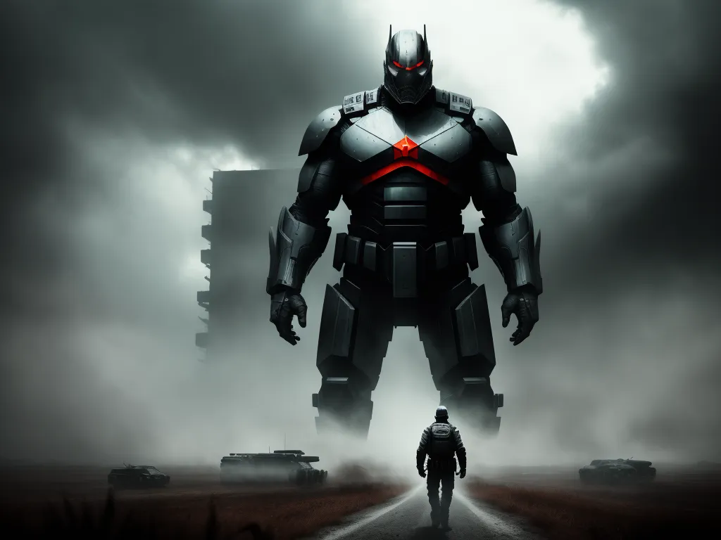 a man walking down a road next to a giant robot in the middle of a dark sky with clouds, by Jeff Simpson