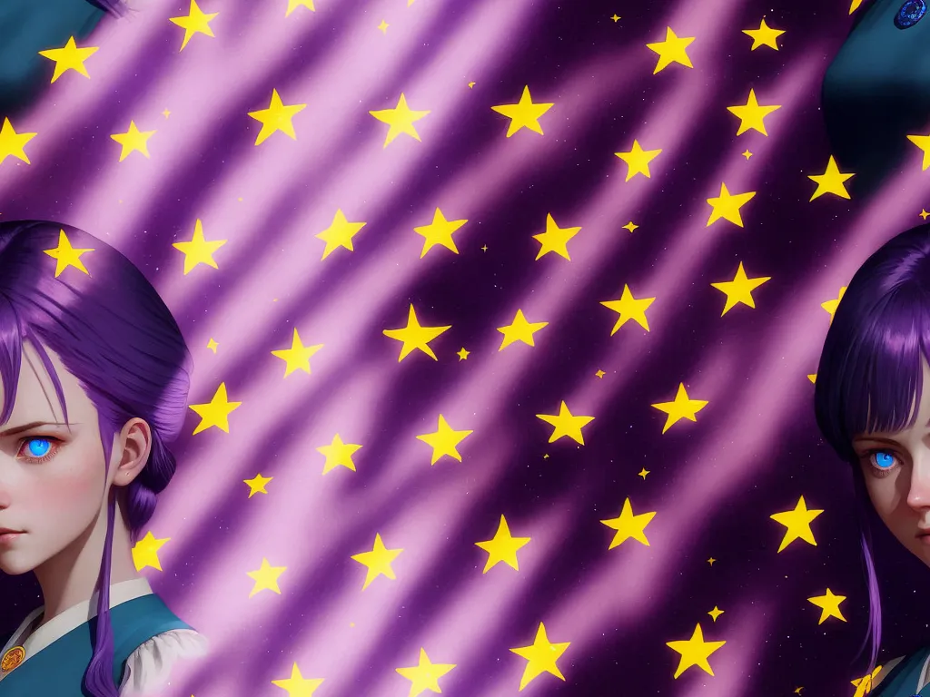 image high - a girl with purple hair and blue eyes standing in front of a purple and yellow background with stars on it, by Lisa Frank