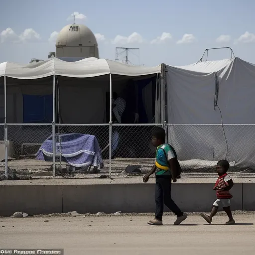 free ai text to image generator - two children walking past a fence with tents in the background and a building with a dome on top of it, by Gavin Hamilton