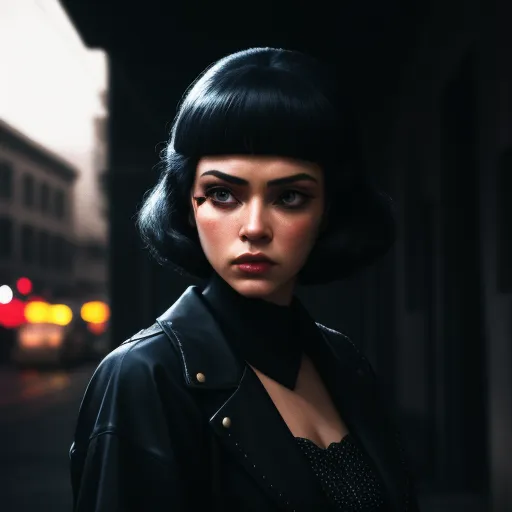 ai image generator online - a woman with black hair and a black jacket on a city street at night with a red car in the background, by Terada Katsuya