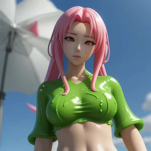 best photo ai software - a cartoon girl with pink hair and green shirt holding an umbrella in front of a blue sky with clouds, by Toei Animations