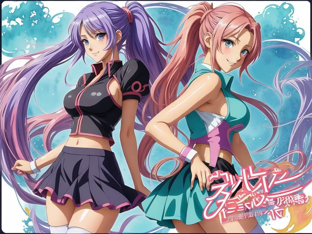 two anime girls with long hair and purple hair standing next to each other in front of a blue background, by Toei Animations