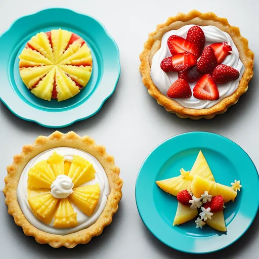 four different types of pies on plates on a table top with fruit on them and a star shaped cookie, by Emily Murray Paterson