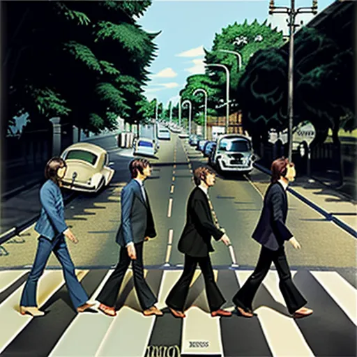 low quality photos - the beatles album cover of the beatles album, the beatles album, is shown in a crosswalk with cars and people walking across the street, by Masaaki Sasamoto