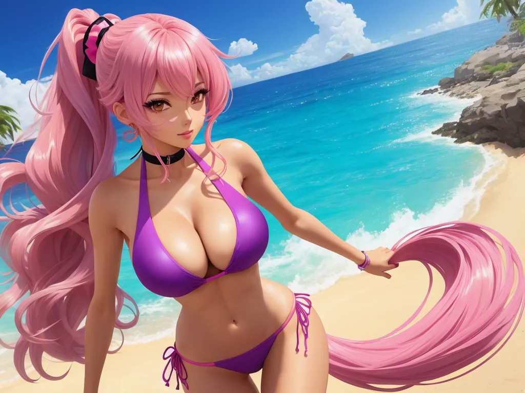 a cartoon girl in a bikini on a beach with a pink hair and a pink tail, with a pink hair and a pink bikini, by Toei Animations