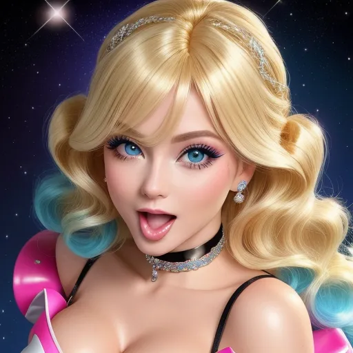 ai generated images free - a barbie doll with a tiara and a choker on her head and a star in the background, by Terada Katsuya