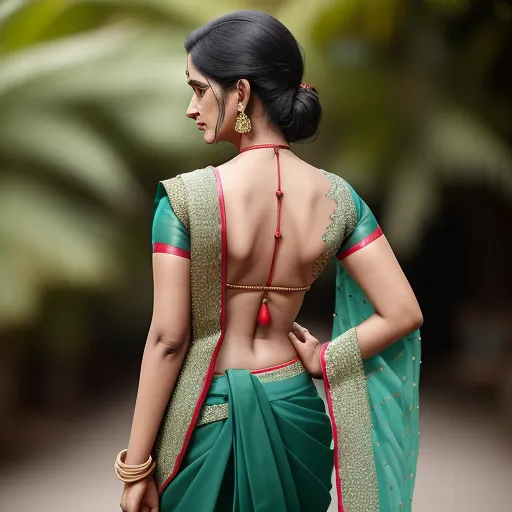 a woman in a green sari with a red and gold blouse on her back and a green and gold blouse on her shoulder, by Raja Ravi Varma