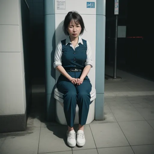 a woman sitting on a toilet in a restroom next to a wall with a sign on it that says no toilet, by Terada Katsuya