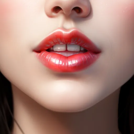 a woman with red lipstick and a necklace on her neck and nose, with a white background and a red lip, by Daniela Uhlig