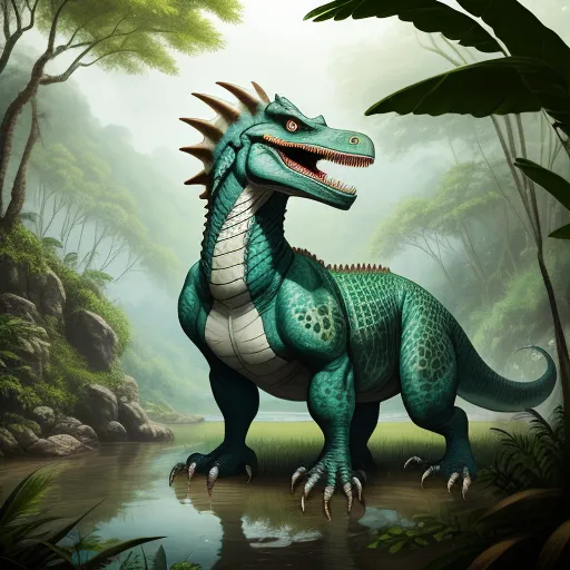 a green and white dinosaur standing in a forest next to a river and trees with a waterfall in the background, by Mary Anning