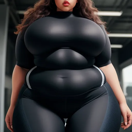 ai genrated images - a woman in a black bodysuit with a big breast and a large breast, standing in a room, by Terada Katsuya
