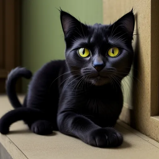 a black cat with yellow eyes sitting on a ledge looking at the camera with a serious look on its face, by Pixar Concept Artists