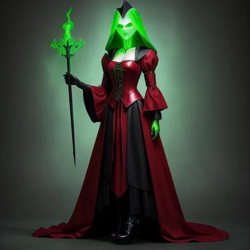 a woman dressed in a red and black costume with a green glow on her face and a green staff, by Pixar Concept Artists