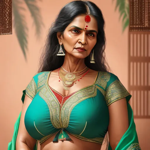 free ai text to image generator - a woman in a green sari with a green blouse and gold jewelry on her chest and a green shawl, by Raja Ravi Varma