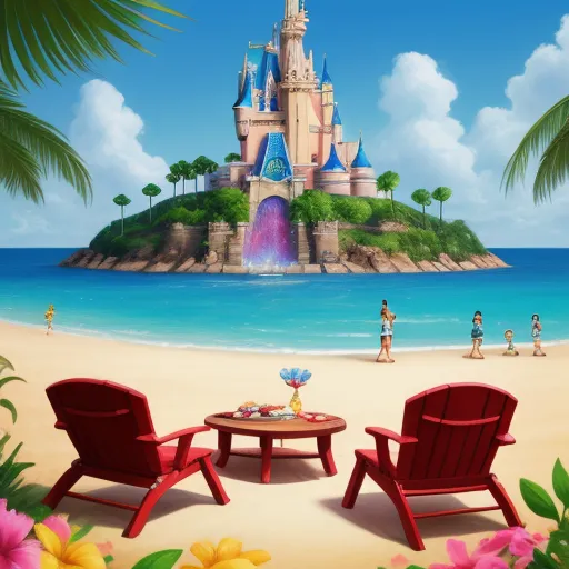 a painting of a castle on a beach with two chairs and a table with a water fountain in front of it, by Pixar Concept Artists