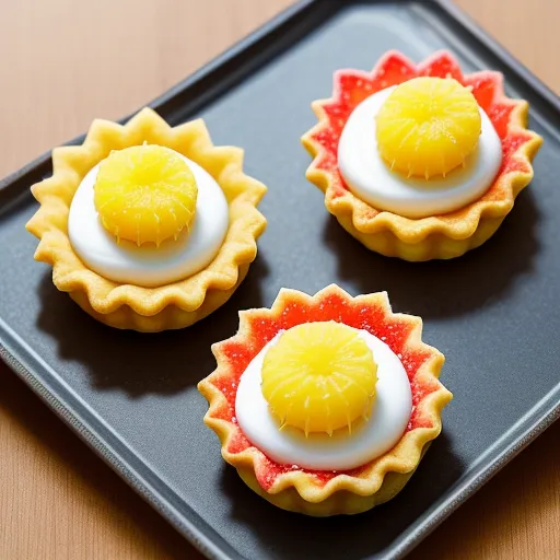 low quality images - three small pastries with fruit on a tray on a table top with a wooden table top in the background, by Taiyō Matsumoto