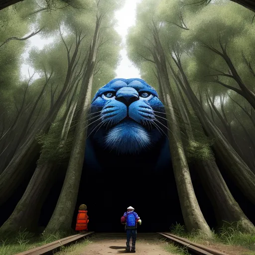 ai generated images from text online - a person standing in front of a blue lion in a forest with trees and a man in a red jacket, by Chris Mars