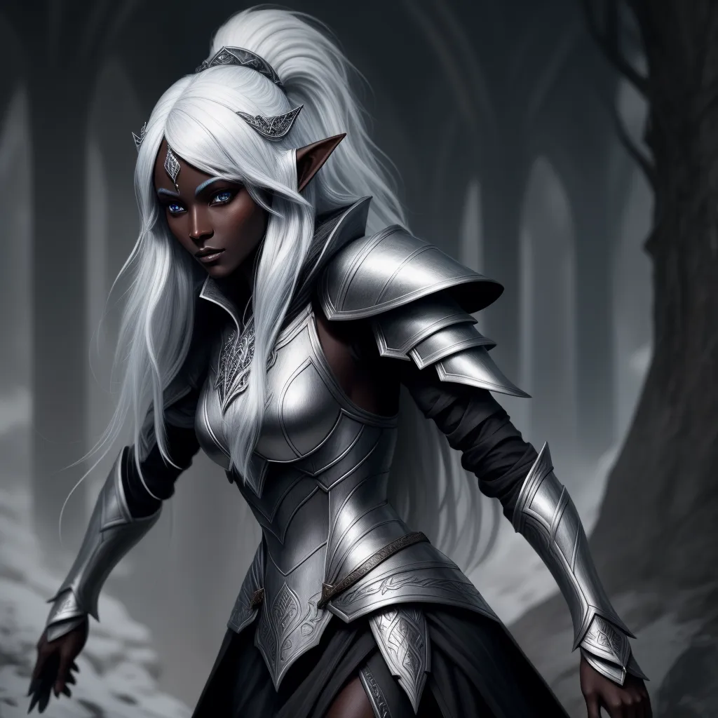 transform picture: one tall drow Elven woman wearing an armor, black