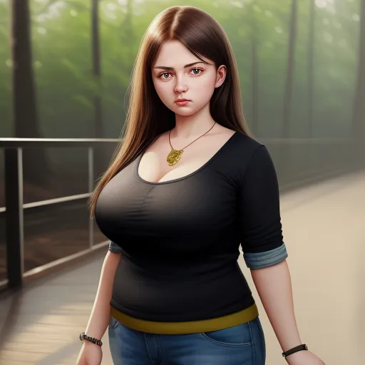 best free text to image ai - a woman with a necklace on her neck standing in a forest with a bridge in the background and trees in the background, by Lois van Baarle