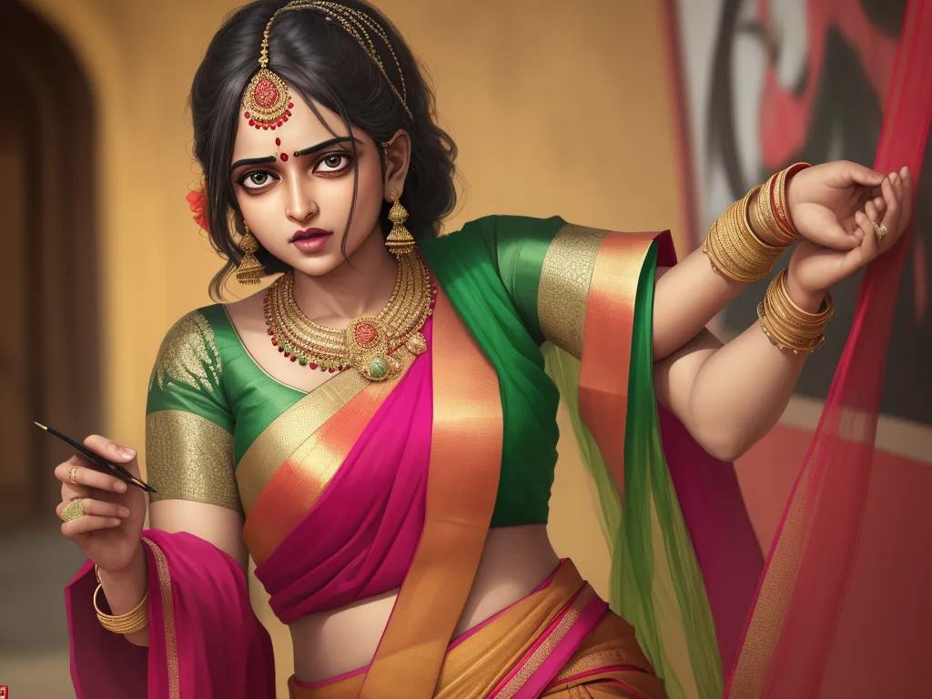 4k to 1080p photo converter - a woman in a sari holding a cell phone in her hand and looking at the camera with a serious look on her face, by Raja Ravi Varma