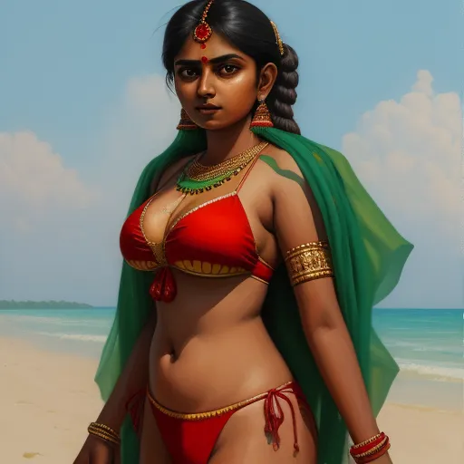 a painting of a woman in a bikini on the beach with a green shawl over her head and a green shawl over her shoulder, by Kehinde Wiley