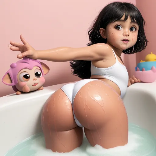 text image generator ai - a girl in a bathing suit in a bathtub with a monkey toy next to her and a pink wall, by Pixar