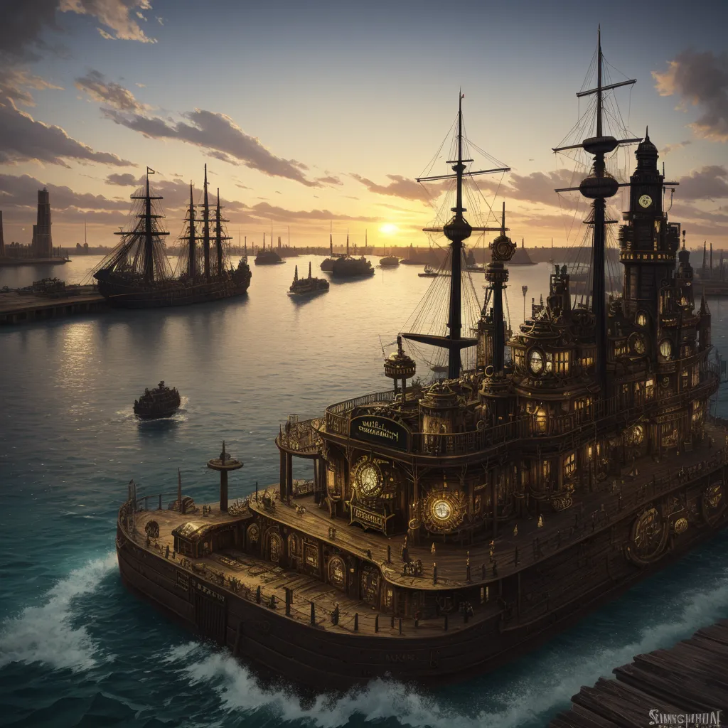 increasing resolution of image - a painting of a ship in the ocean with a sunset in the background and a few ships in the water, by Jorge Jacinto