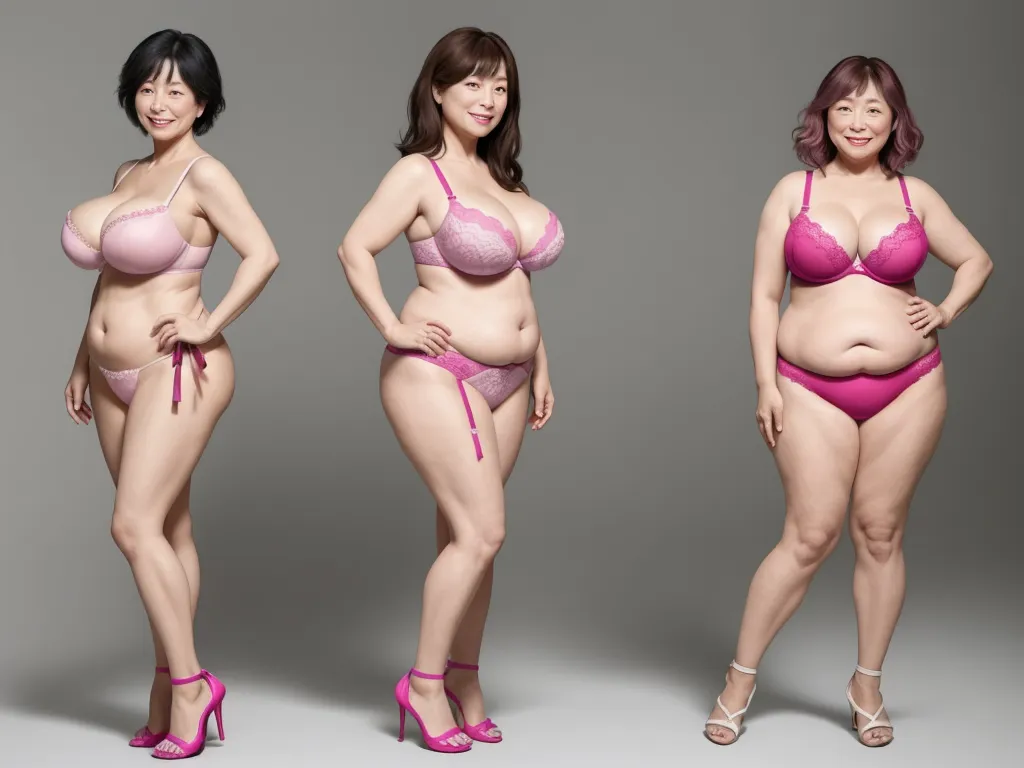 three women in lingerie poses for a photo shoot with their breast bras and panties on, and one in a pink bra, by Terada Katsuya