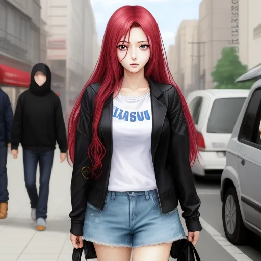 a girl with red hair is walking down the street with a handbag in her hand and a man in the background, by Hanabusa Itchō