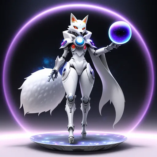 ai based photo enhancer - a white cat with a blue ball in its hand and a purple light around it, on a circular surface, by Sailor Moon
