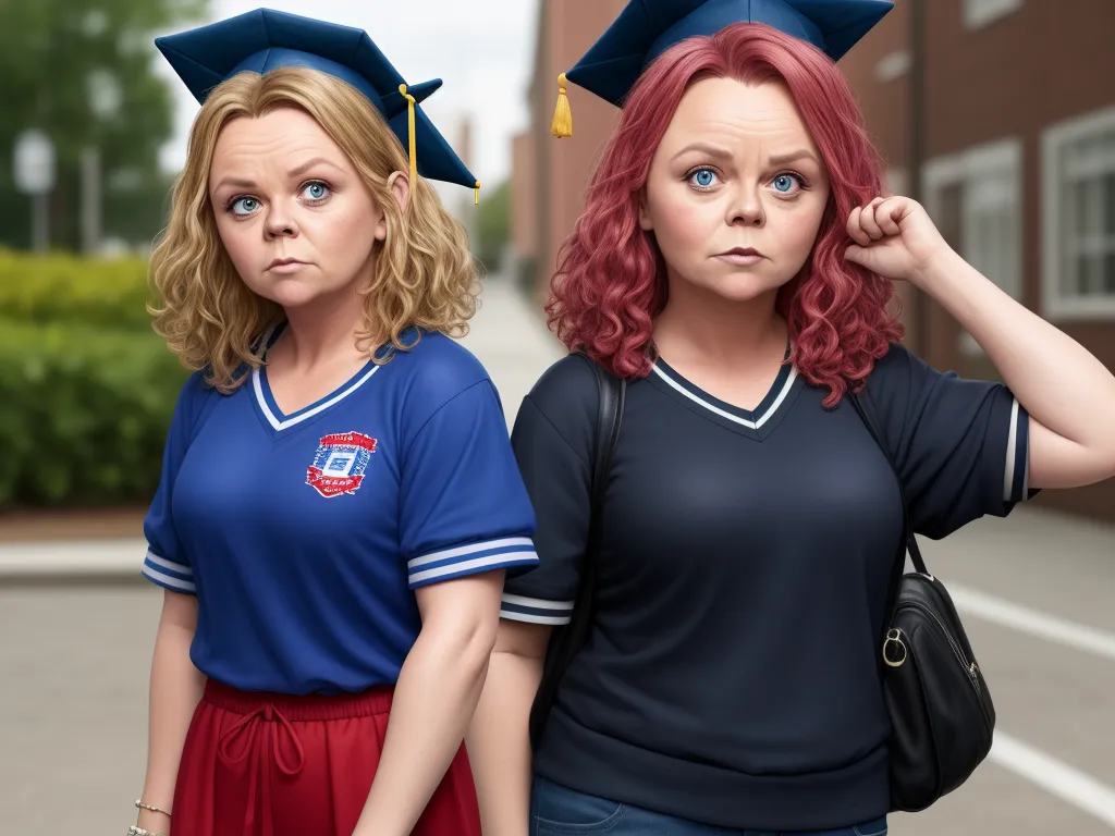 two women in blue and red are standing in the street with their heads turned to the side and one is wearing a blue cap, by Sydney Prior Hall